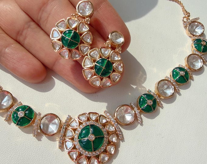 Sabyasachi-Inspired Mother of pearl Moissanite necklace Set/Kundan Stone long Necklace/ Indian Bridal Jewelry