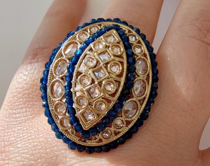 Kundan Polki Oversized Blue Ring/Adjustable Ring/ Indian Ring/ Indian Jewelry/Indian Wedding jewelry/bridal accessories