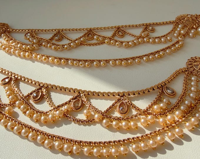 Gold plated   pearl  Ear Chain/Sahare/Earring support chain/Kaan sahara//Pakistani Jewelry/Bahubali Earrings/Indian Jewelry