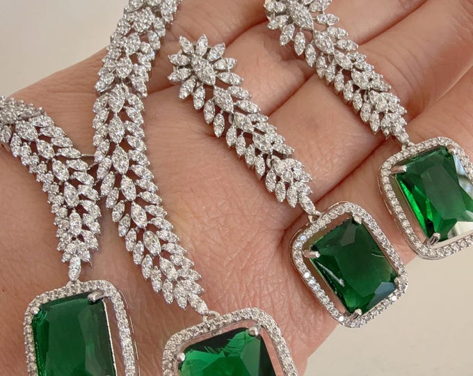 Silver  Diamond emerald  Necklace /Indian jewelry/ CZ 2 tone diamond Choker/Bridal choker/Diamond Jewelry / Indian Necklace/diamond necklace