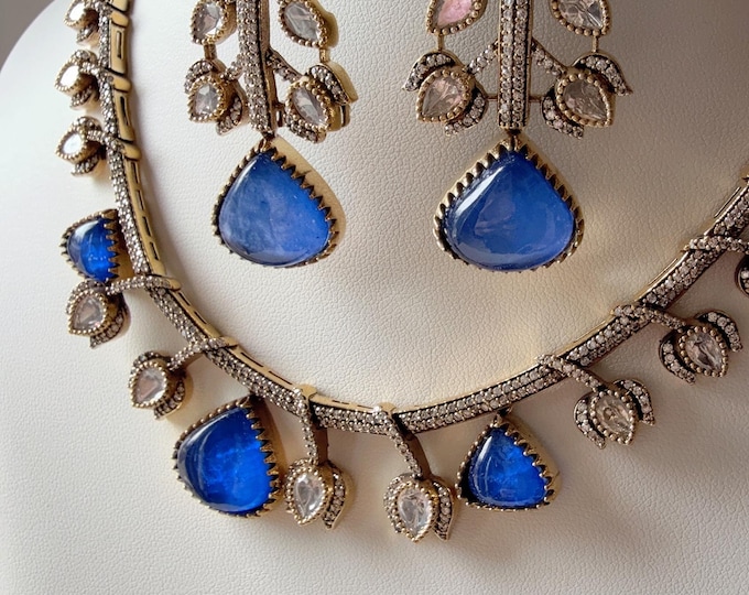 Moissanite doublet stones Blue Necklace set /Doublet Uncut Kundan  Necklace Antique Finish/   Moissanite Blue kundan Necklace Set