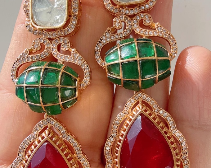 Sabyasachi-Inspired Moissanite Ruby Green Earrings/Elegant Statement Jewelry/ Moissanite Green  Earrings/Bridal Diamond earrings