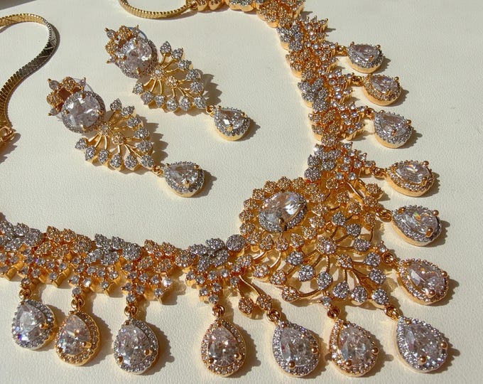 2 Tone  Diamond Necklace set /Indian jewelry/ CZ Choker/Bridal choker/Diamond choker/ Indian Necklace/gold  diamond choker