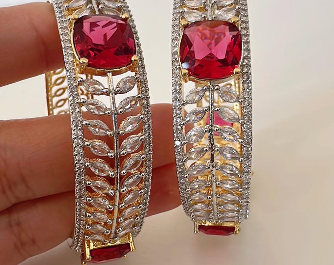 Openable  2 tone gold  Ruby American diamond bangle/Silver Ruby kada / Indian bangles/Indian Jewelry /bridal jewelry/Diamond bracelet