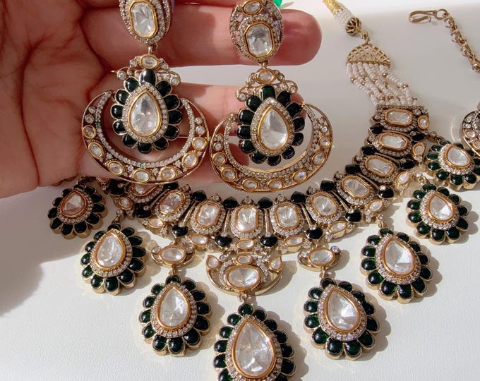 Semi Bridal  Kundan Jewelry Moissanite emerald necklace Set/Kundan Moissanite Necklace/ Indian Bridal Jewelry/Kundan Jewelry