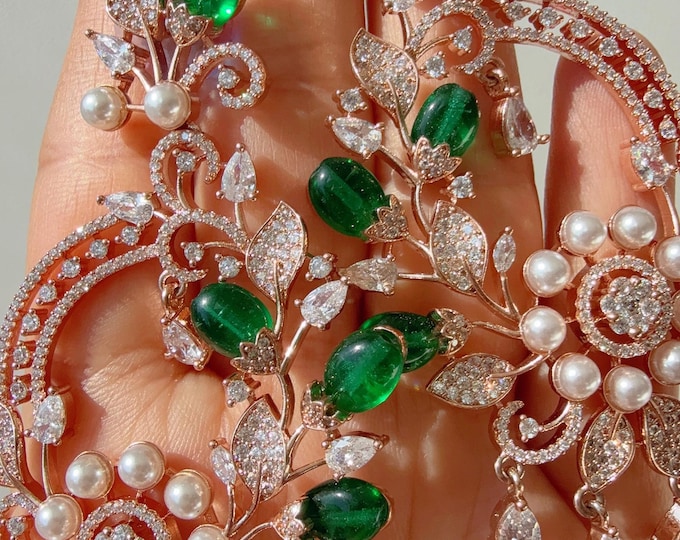 Lightweight Rose Gold   CZ  diamond  Chandelier Earrings/Diamond Chandelier Rose gold Green Earrings/Flower Drop Dangle Earrings