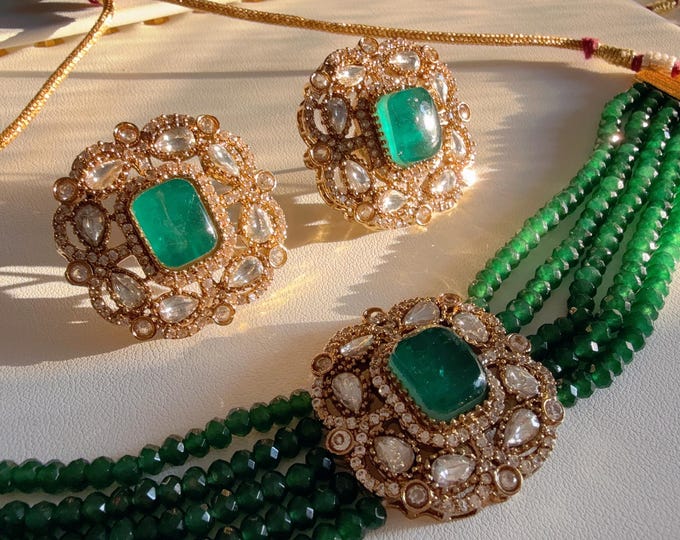 Green pink Multi Strand Moissanite kundan choker with studs /Indian jewelry/ CZ Choker/Bridal choker// Indian Necklace/ beads choker