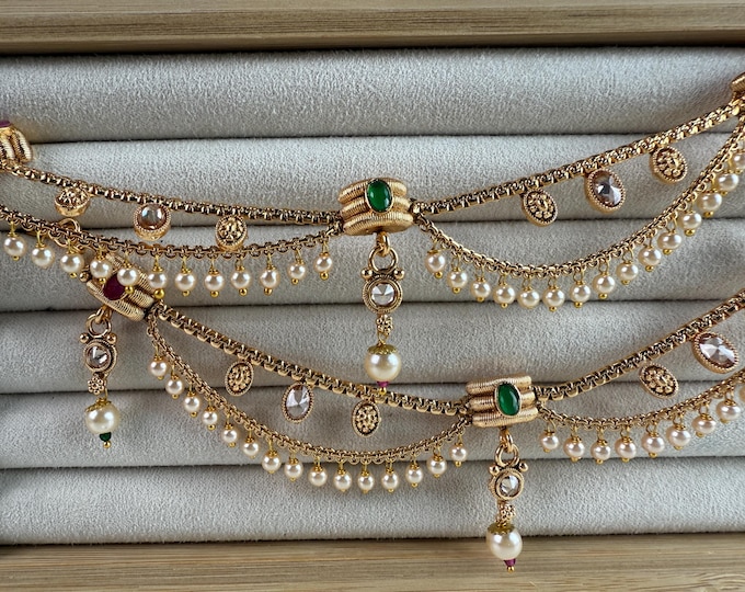 Gold plated Ruby Green  pearl  Ear Chain/Sahare/Earring support chain/Kaan sahara//Pakistani Jewelry/Bahubali Earrings/Indian Jewelry