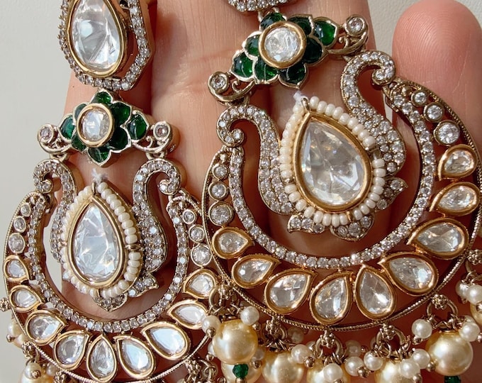Sabyasachi-Inspired Moissanite kundan chandbali  Earrings/Elegant Statement Jewelry/Antique Moissanite  Earrings/Bridal Diamond earrings
