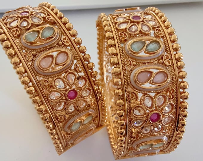 Openable Rajwadi multi color single wide kada  /Antique gold Kada/Kundan bridal Kada /Gold Kada/Indian bangles /Indian Wedding jewelry
