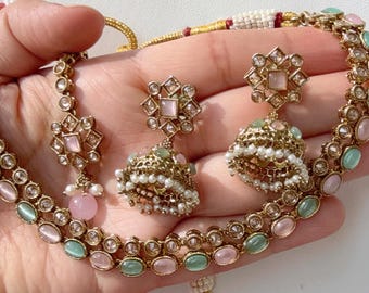 Antique Polki Kundan Mint pink necklace with earrings and Tikka /Wedding necklace/Bridal necklace/Petite polki jewelry