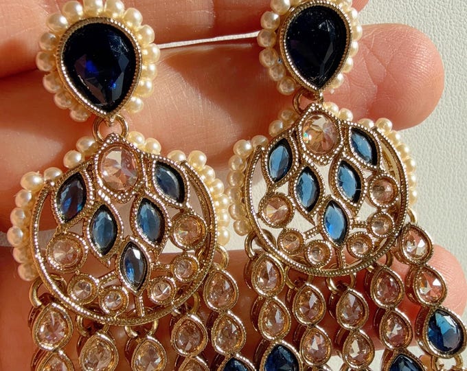 Blue  kundan  earrings  jhumka/Kundan Earrings /Statement earrings /Bridal earrings/Pearl drop Blue earrings/Blue  Antique earrings