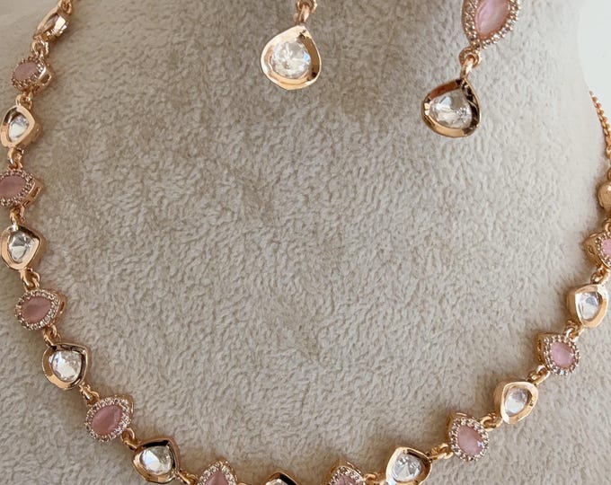 Baby Pink Petite size Kundan Jewelry Moissanite  necklace /Necklace Moissanite chain / Indian Bridal Jewelry/Diamond Necklace Gift for Her