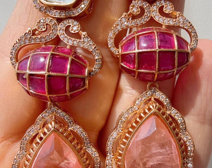 Sabyasachi-Inspired Moissanite kundan Earrings/Elegant Statement Jewelry/Ruby Pink  Moissanite  Earrings/Bridal Diamond earrings