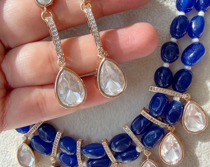 Sabyasachi inspired Blue sapphire mala set/ Moissanite Kundan  Monalisa Stone Jewelry  set/Indian Bridal Jewelry/Indian Wedding jewelry/