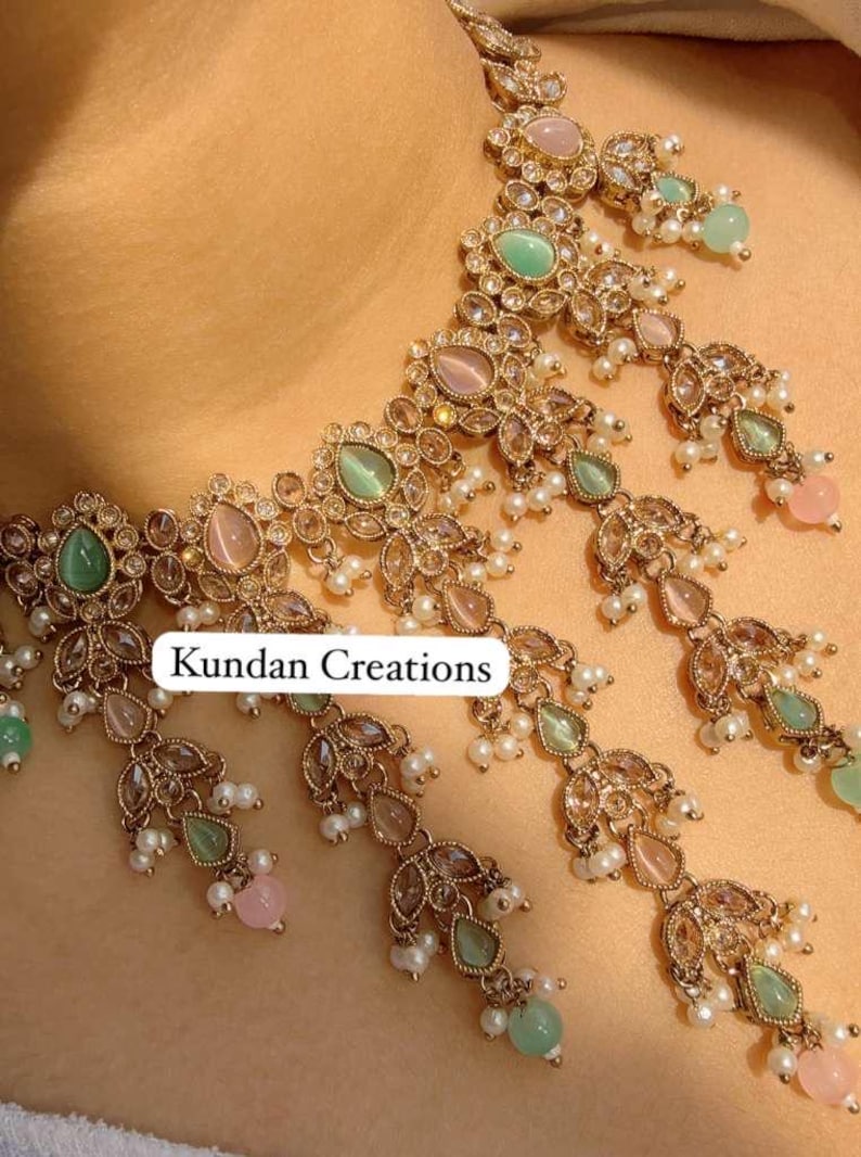 Conjunto de colar choker Polki Kundan – Joias de noiva indianas rosa menta, choker de casamento banhado a mehndi antigo - Nimrit imagem 1