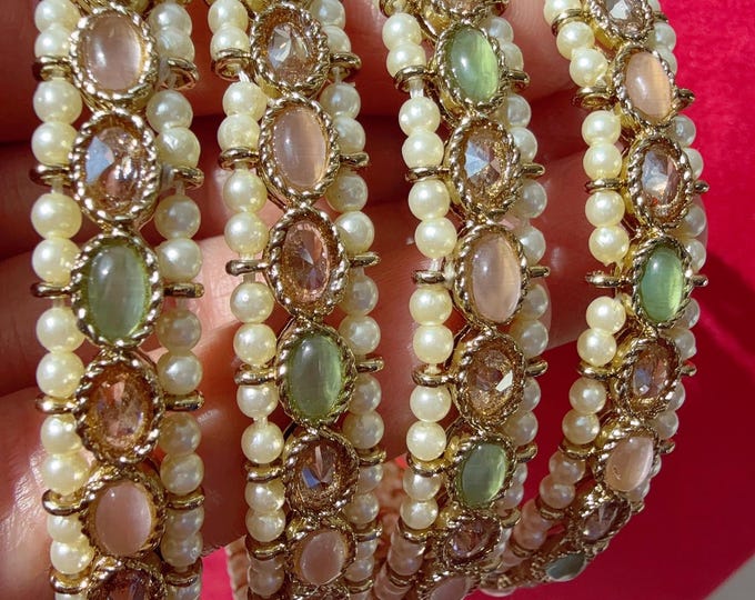 Mint pink Kundan Bangles/Polki Kundan  Pearl Bangles Set(4 Pc) /Indian Jewelry/ mint pink Kundan Bangles/Mint pink bangles/Indian Bangles
