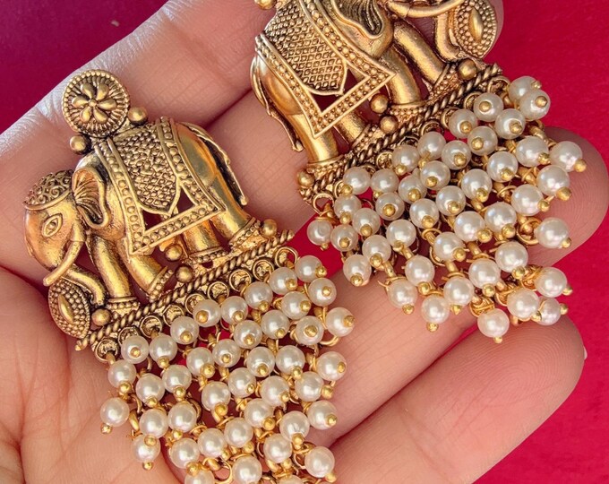 Rajwadi finish  Traditional Elephant Pearl Earrings/pearls  Jhumkas /Indian wedding/Kundan Jhumka/ gold jhumka