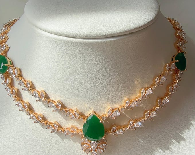 2 Tone Gold Emerald gold Necklace diamond double layer necklace /Indian jewelry/Bridal choker/ Indian Necklace/2 tone Green diamond necklace