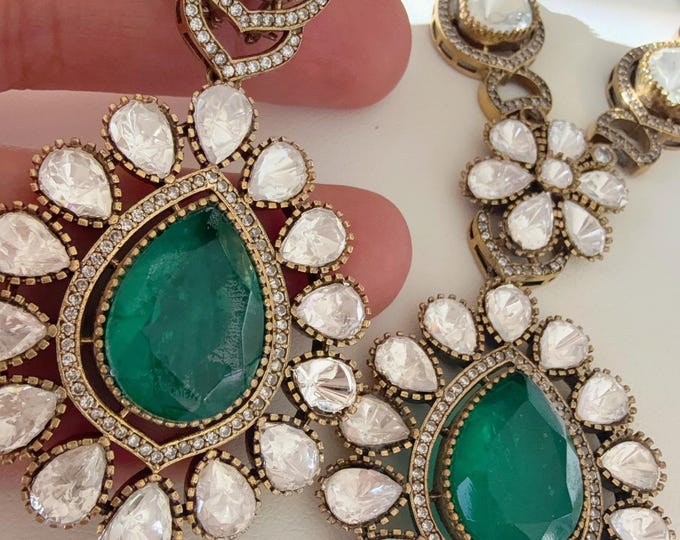 Doublet Kundan Jewelry Moissanite long necklace set/Kundan doublet Stone bridal Necklace / Indian Bridal Jewelry/emerald green long necklace