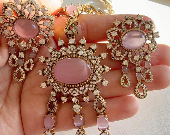 Kundan Moissanite Baby pink  long necklace set/ Kundan Stone long Necklace chain set/ Indian Bridal Jewelry/Indian Wedding jewelry