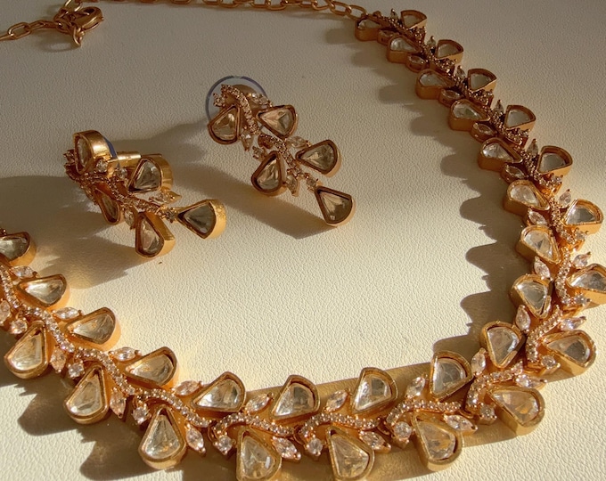 Moissanite diamond  necklace  set/Polki Kundan diamond choker Necklace / Indian Bridal Jewelry/Indian Wedding jewelry