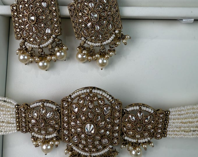 Antique dull Gold choker /Pearl Kundan Necklace Set with jhumka /Kundan gold   Choker/bridal necklace/Indian wedding jewelry/
