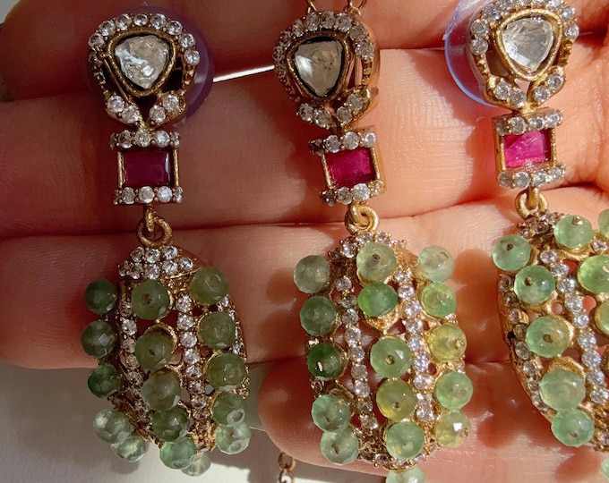 Moissanite Kundan Mint Pendant Set/Moissanite Kundan Pendant studs set / Indian Bridal Jewelry/Uncut Moissanite Pendant & Stud Earrings Set