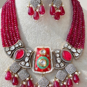 Victorian Diamond  Moissanite Polki Necklace Sabyasachi inspired Jewelry Set/Polki Kundan Ruby meenakari Necklace with earrings Tikka