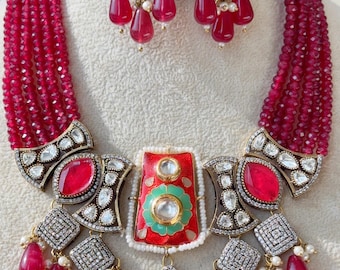 Victorian Diamond  Moissanite Polki Necklace Sabyasachi inspired Jewelry Set/Polki Kundan Ruby meenakari Necklace with earrings Tikka