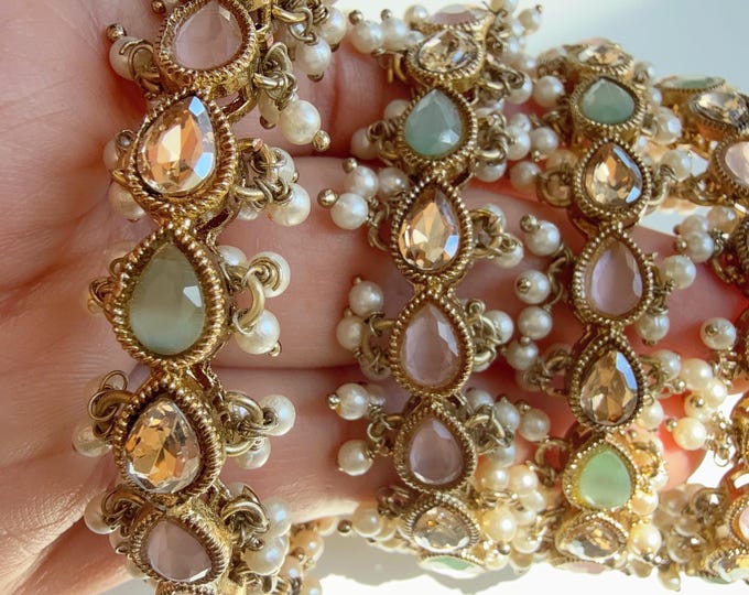 Mint pink Kundan Bangles/Polki Kundan  Pearl Bangles Set(4 Pc) /Indian Jewelry/ mint pink Kundan Bangles/Mint pink bangles/Indian Bangles