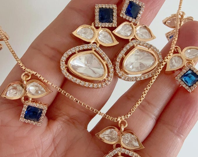 Polki Kundan Blue Jewelry Moissanite  necklace chain  set/ Kundan Necklace / Indian Bridal Jewelry/Indian Wedding jewelry