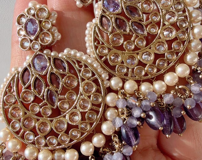 kundan chandbali Purple  earrings  jhumka/Kundan Earrings /Statement earrings /Bridal earrings/Pearl drop earrings/purple  Antique earrings