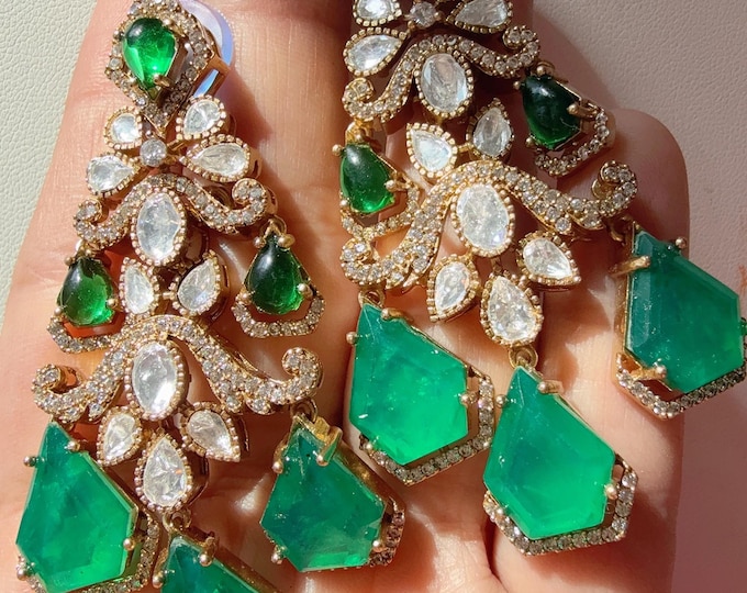 Sabyasachi-Inspired Moissanite green kundan Earrings/Elegant Statement Jewelry/Moissanite green Earrings/Bridal Diamond earrings