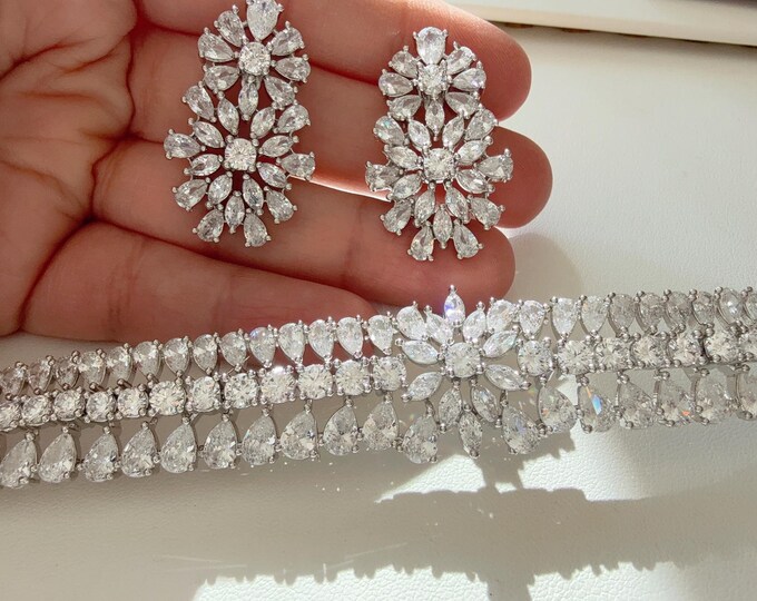 silver diamond  diamond choker  /Indian jewelry/ CZ Choker/Bridal choker/ Indian Necklace/Silver diamond choker/Bridal choker