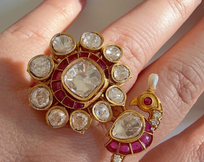 Contemporary Diamond Gold Ring/Gold Bird  Moissanite Ring/Ruby diamond bridal Ring/ Diamond Ruby finger ring/Indian Bridal jewelry/