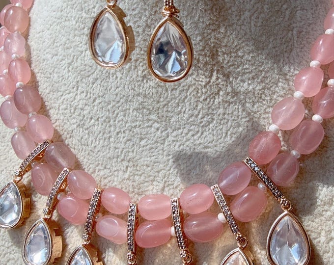 Sabyasachi inspired Baby pink  mala set/ Moissanite Kundan  Monalisa Stone Jewelry  set/Indian Bridal Jewelry/Indian Wedding jewelry/