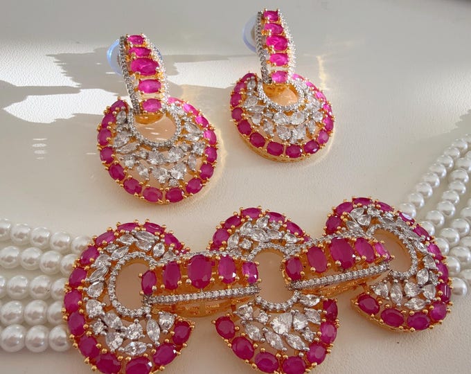 2 Tone Gold  Ruby Necklace diamond choker/Indian jewelry/ CZ Choker/Bridal choker/ 2 tone Ruby diamond choker