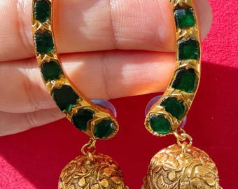 Sargun Amrapali Inspired Earcuff One Gram Green Jhumkas/ Gold plated ear cuff jhumka /gold plated Earrings  / gold Jhumkas /Indian wedding/