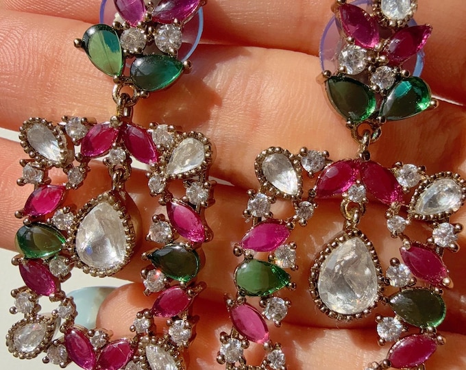 Diamond Ruby Green dual shade Earrings / Indian Jewelry Indian Earrings/American Diamond jhumka/CZ Earrings/Indian jhumka