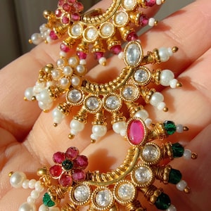 Marathi-näsring/Guld Nath/Indiska smycken/Brud-Nath/Ingen piercing krävs/Rubingrönt set