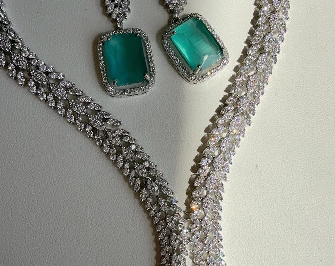 Rhodium silver  Diamond Mint  Necklace /Indian jewelry/ White Finish Diamond Mint Stone Necklace Set/Silver tone CZ Bridal Jewelry