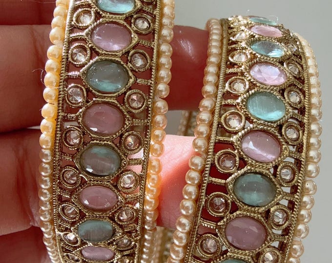 Set of 2 Polki Kundan mint pink  kada Bangles /Indian bangles/Indian Jewelry/Bridal bangles/Antique bangles/Indian Wedding/Mix Match Bangles