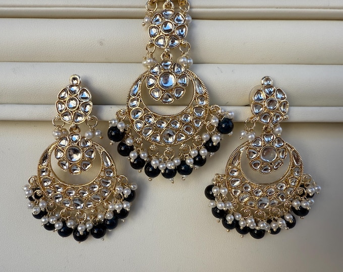 Peacock blue kundan Gold Kundan Tikka w/Earring Set/Indian Bridal Maang Tikka Set/Indian jewelry//Bridesmaid Gifts/Kundnan Maang jewelry set