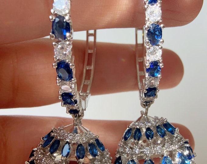 Silver  bali hoops blue jhumka Earrings/ Indian Jewelry Indian Earrings/American Diamond jhumka/CZ Earrings/Indian jhumka