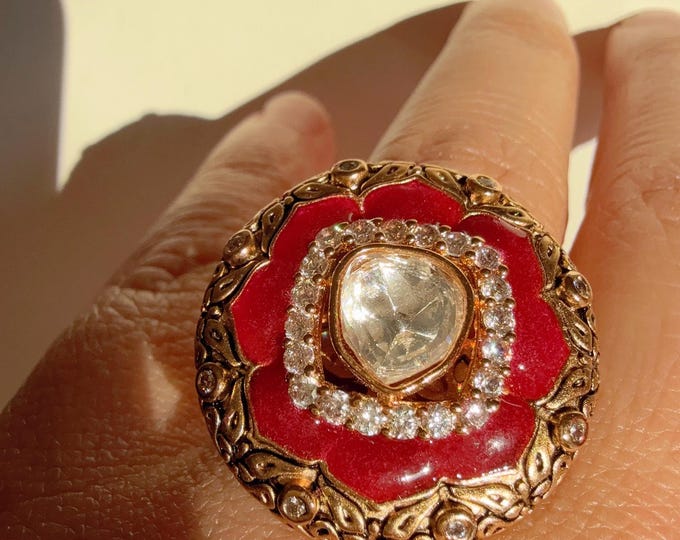 Gold plated Ruby Moissanite kundan ring /Meenakari Indian Ring/ Indian Jewelry/Indian Wedding jewelry/bridal finger ring