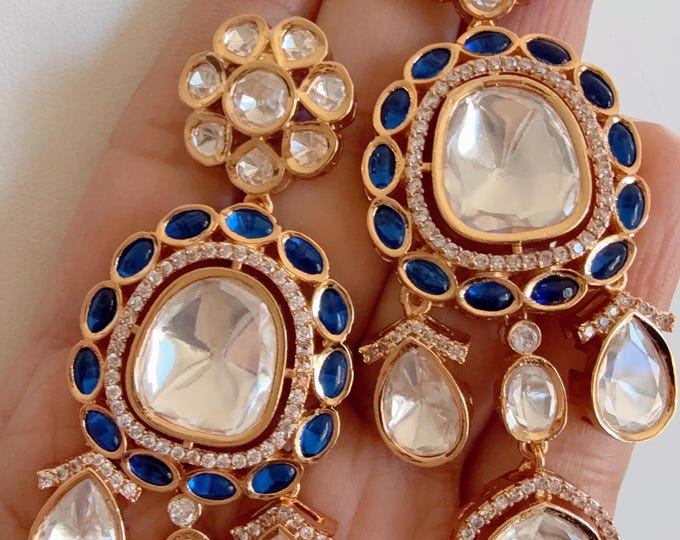 Moissanite  kundan blue  Earrings/Elegant Statement Jewelry/Sapphire blue  Moissanite Polki Earrings/Bridal Diamond earrings