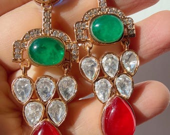 Kolczyki kundan z rubinowo-zielonym moissanitem/biżuteria/diamentowe kolczyki z rubinowo-zielonym moissanitem/ślubne kolczyki z diamentami