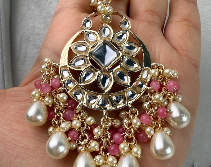 Kundan Pink Maang tikka /Gold tika /Indian tikka/Bridal Maang tikka/ Bollywood jewelry/Matha Patti/ Indian jewelry/