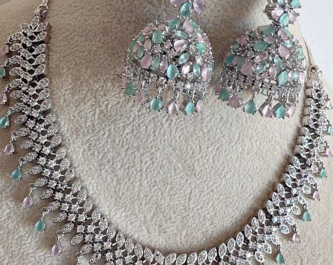 Mint pink CZ diamond necklace  /Indian jewelry/ CZ bridal necklace/Bridal diamond jhumka choker/mint pink Silver CZ Diamond necklace/